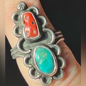 Vintage Native American Navajo Silver Ring Coral + Turquoise Sterling Silver 5.5